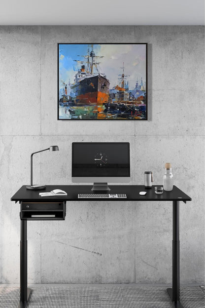 Black adjustable height desk with drawer by Volodymyr Gluhomanyuk