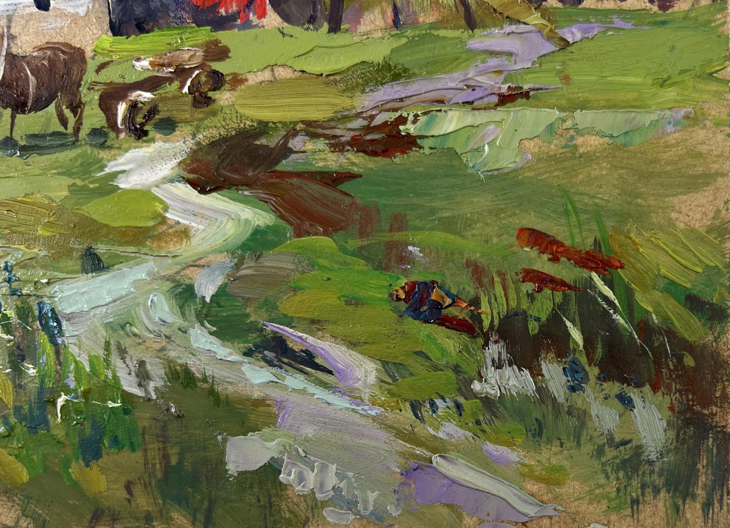 Vibrant impressionist oil painting of horses by hay by Yuriy Suprunchuk