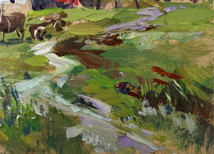Vibrant impressionist oil painting of horses by hay by Yuriy Suprunchuk