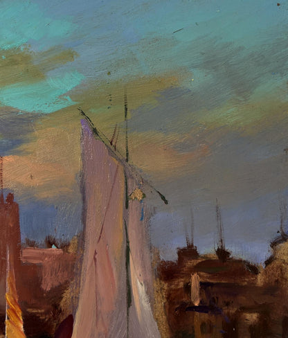 Oil painting of tall sailboat with pink sail by Yuriy Suprunchuk