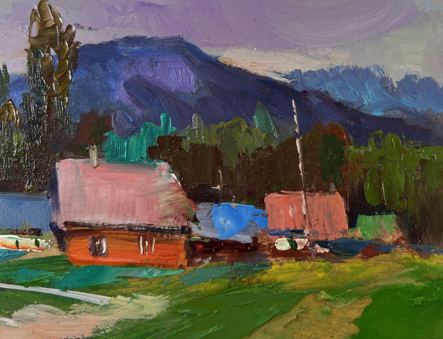 Vibrant impressionist oil painting of quiet village on hills by Yuriy Suprunchuk