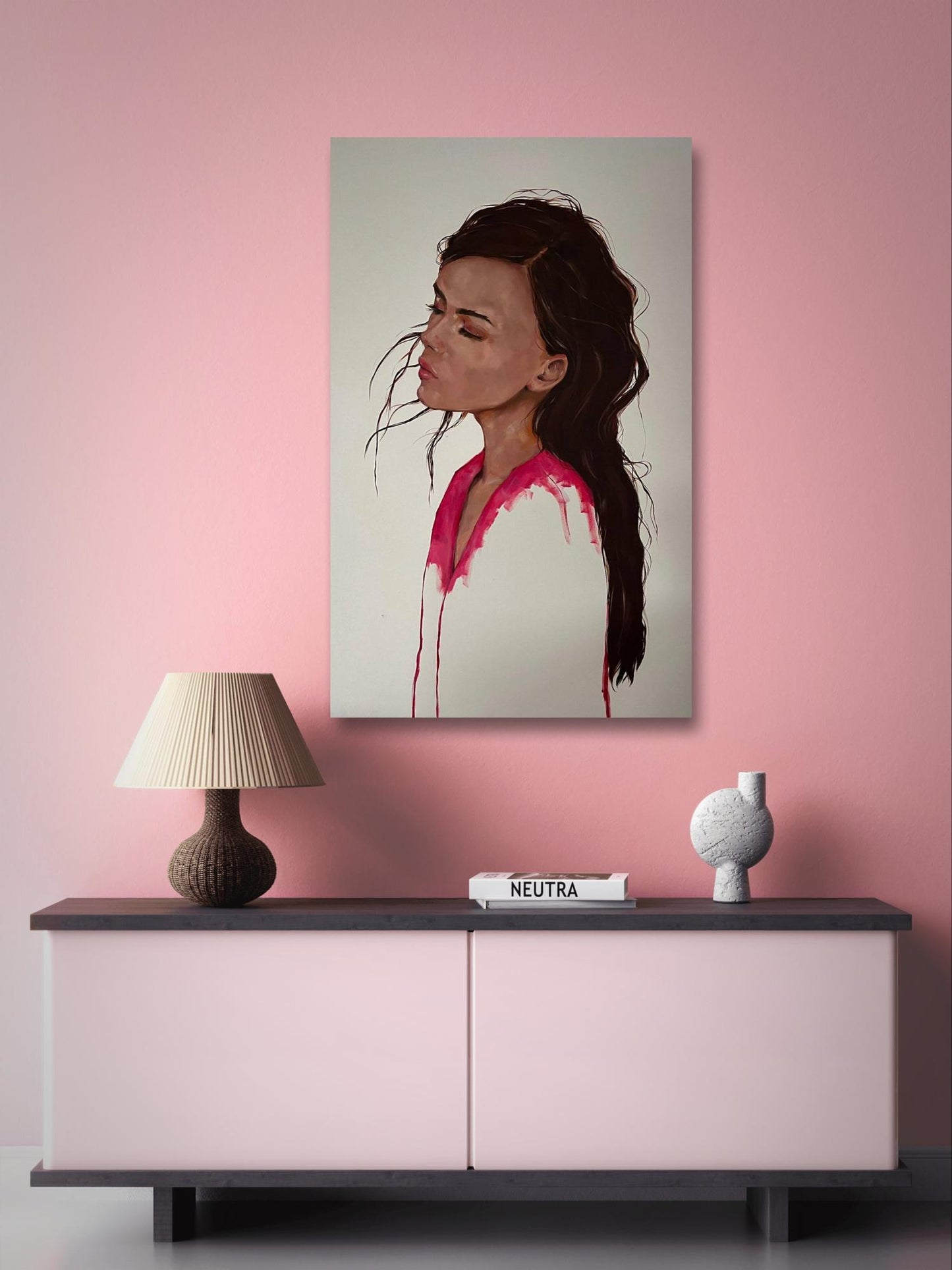 Oil painting Expressiveity by Victoria Kagalovska: woman with dark hair, pink paint on white shirt