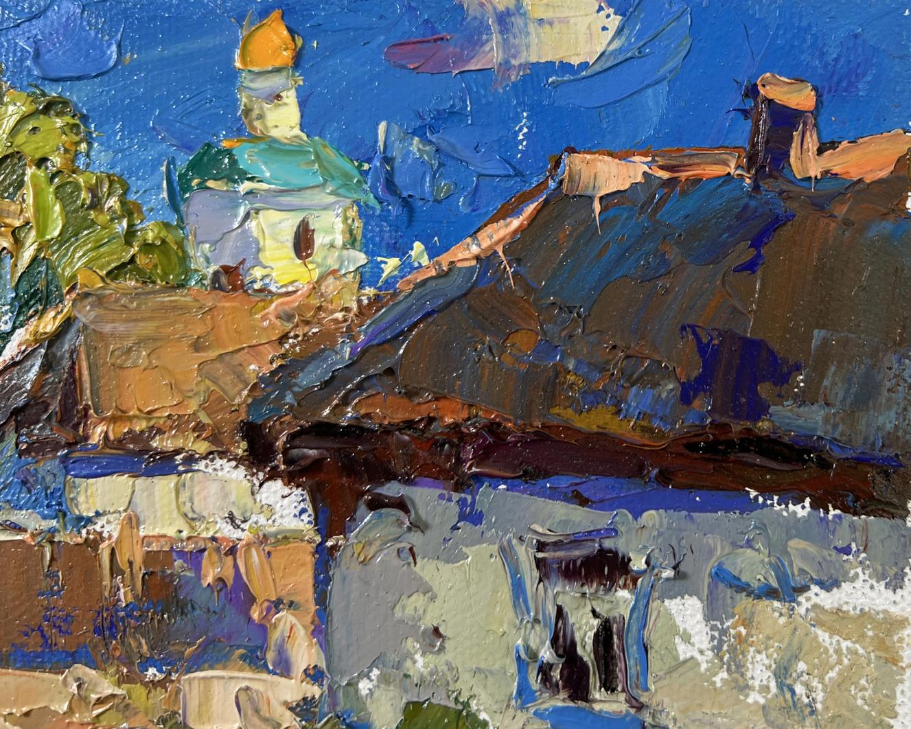 Vibrant impressionist oil painting Warmth in the Yard by Oksana Ivanyuk