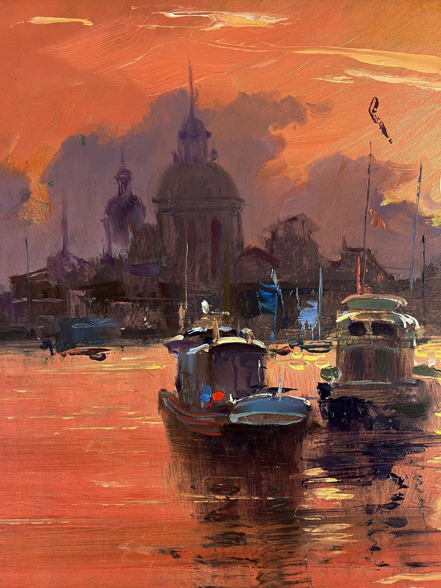 Oil painting Ferry with romantic sunset by Yuriy Suprunchuk