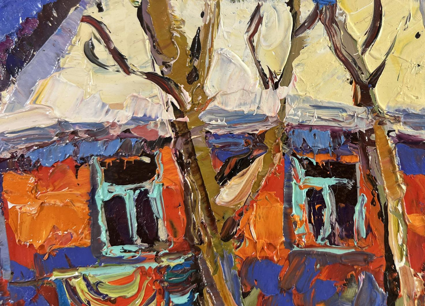 Vibrant impressionist oil painting of winter morning house by Oksana Ivanyuk