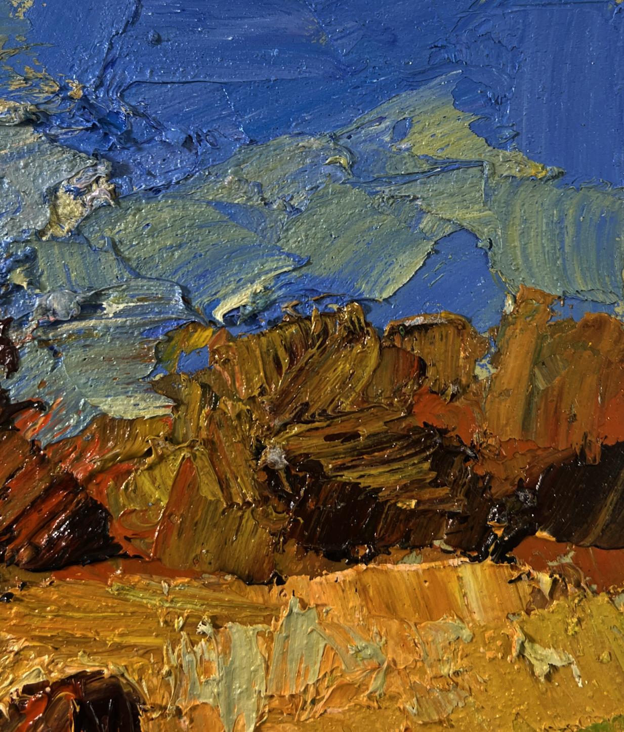Oil painting of cows on hill by Boris Serdyuk with blue sky and earthy tones