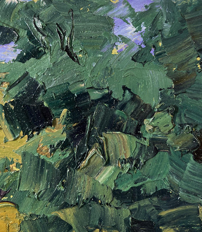Oil painting of mountainous terrain by Boris Serdyuk with impasto green foliage