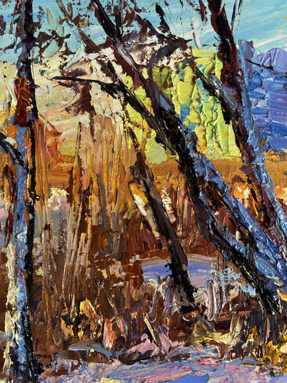 Oil painting In the winter forest by Boris Serdyuk, impressionistic textured scene
