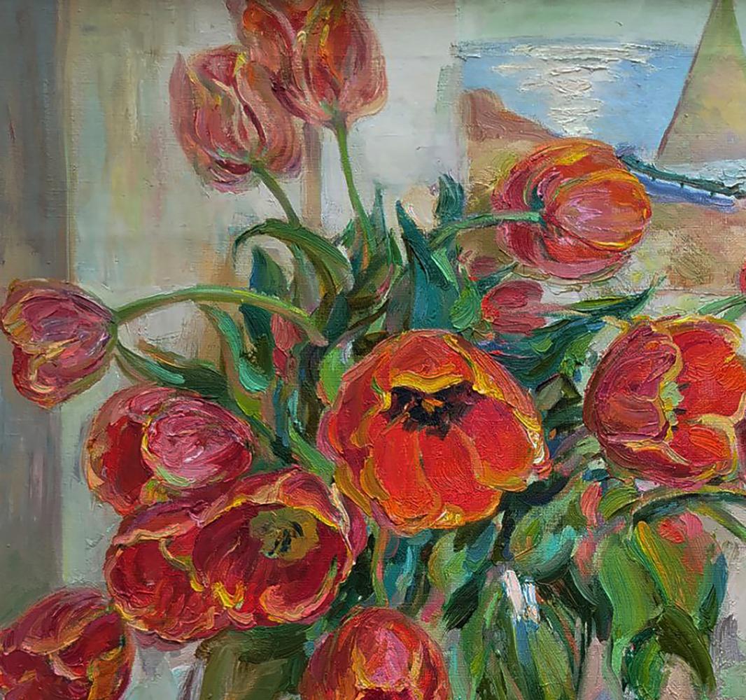 Vibrant red orange tulips with fruits oil painting by Leonid Pavlenko