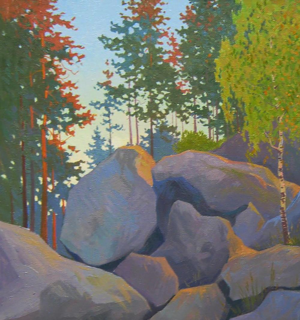 Oil painting Among the Stones by Valery Savenets: gray rocks, autumn trees