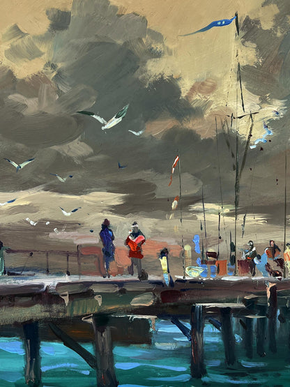 Oil painting Boats at the pier by Yuriy Suprunchuk harbor scene