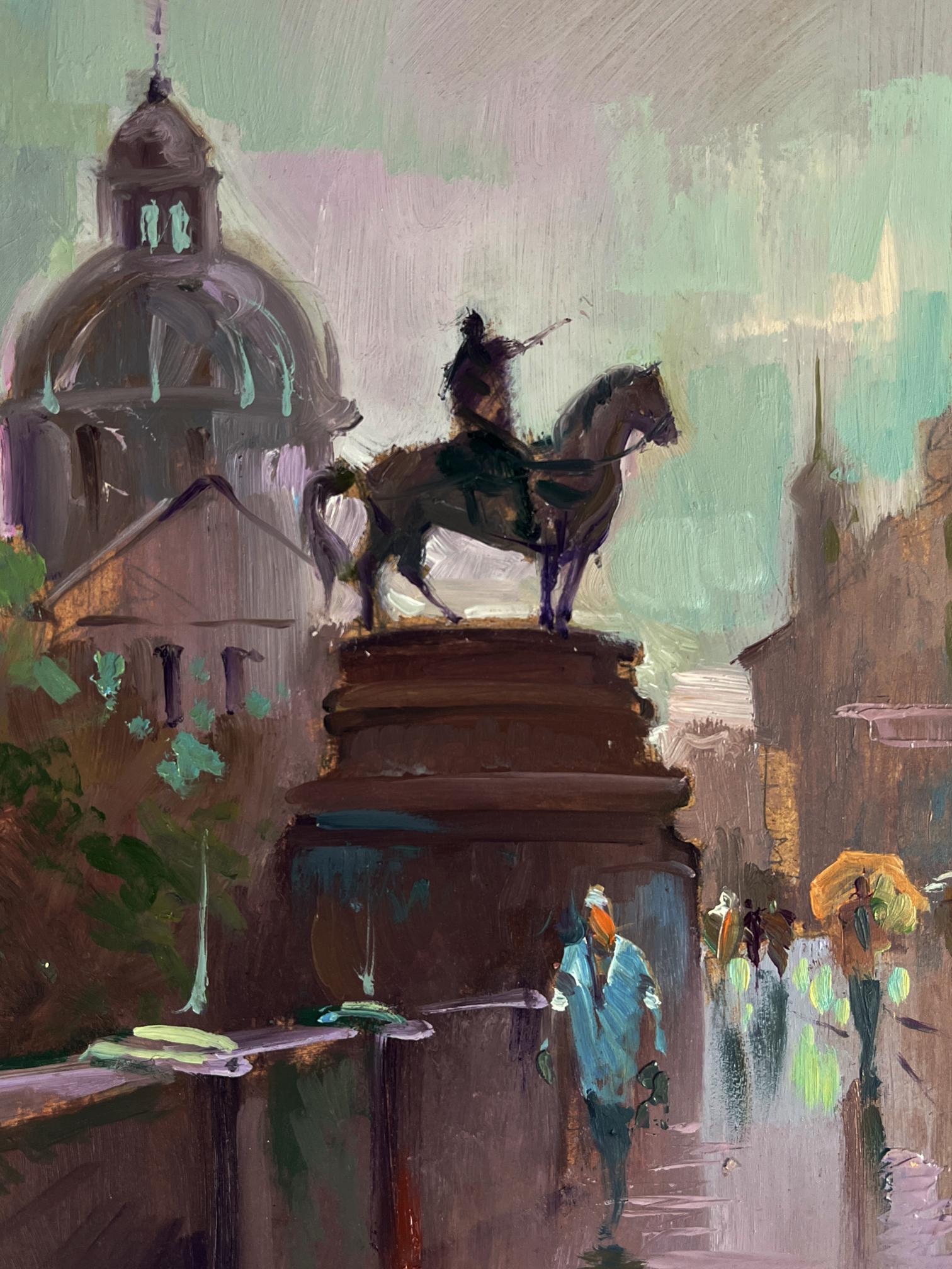 Oil painting of Yuriy Suprunchuk’s city square with dark bronze equestrian statue