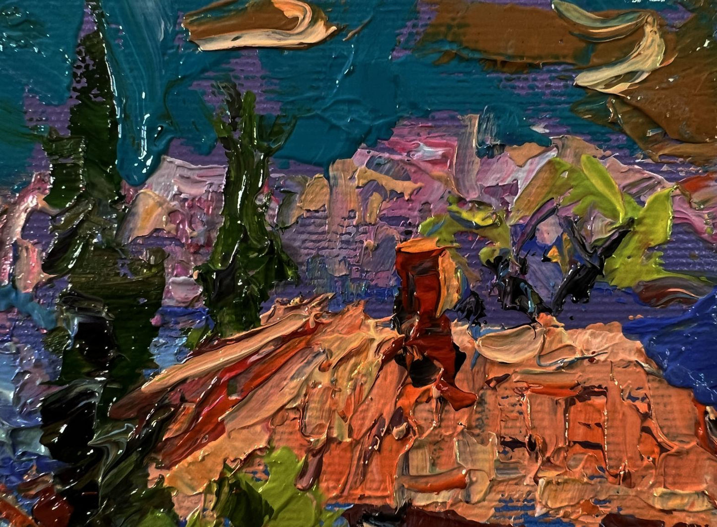Vibrant oil painting Sunny village day by Oleksiy Ivanyuk in teal purple green orange