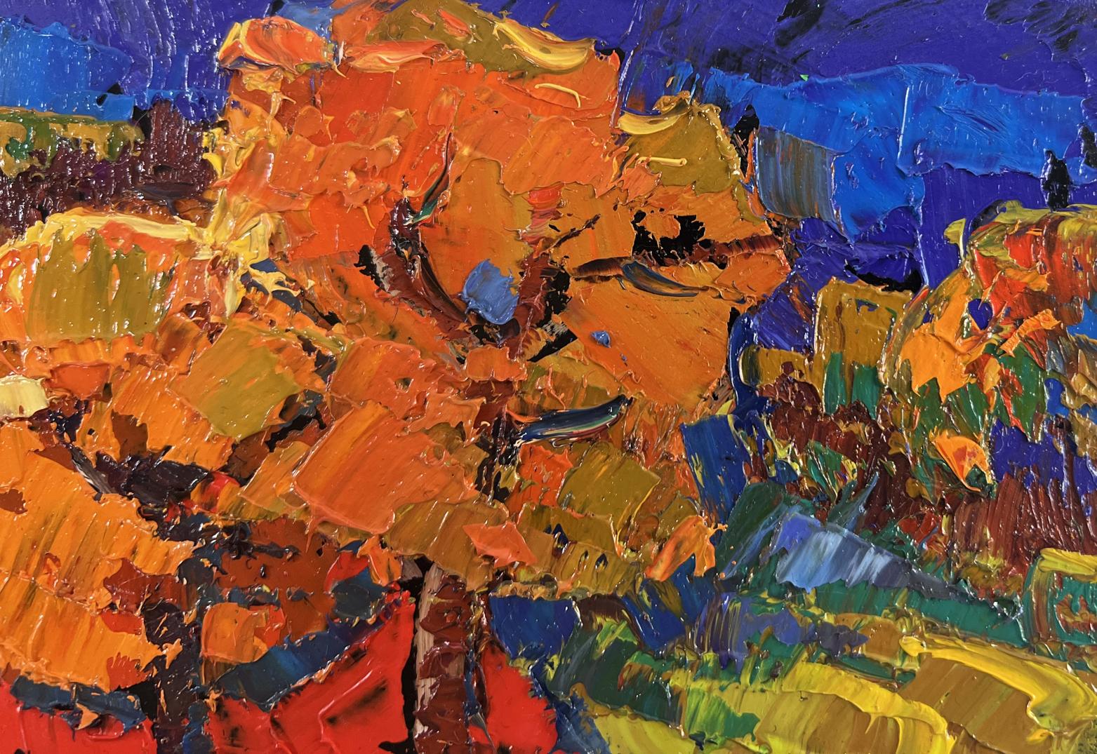 Oil painting Warmth of an autumn day by Oksana Ivanyuk vibrant orange yellow abstract landscape