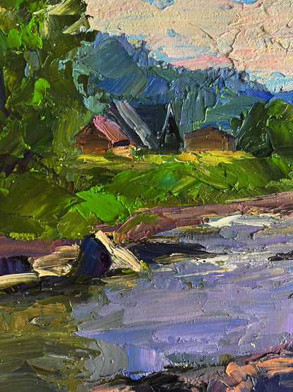 Oil painting Near a mountain stream by Boris Serdyuk, vibrant village scene