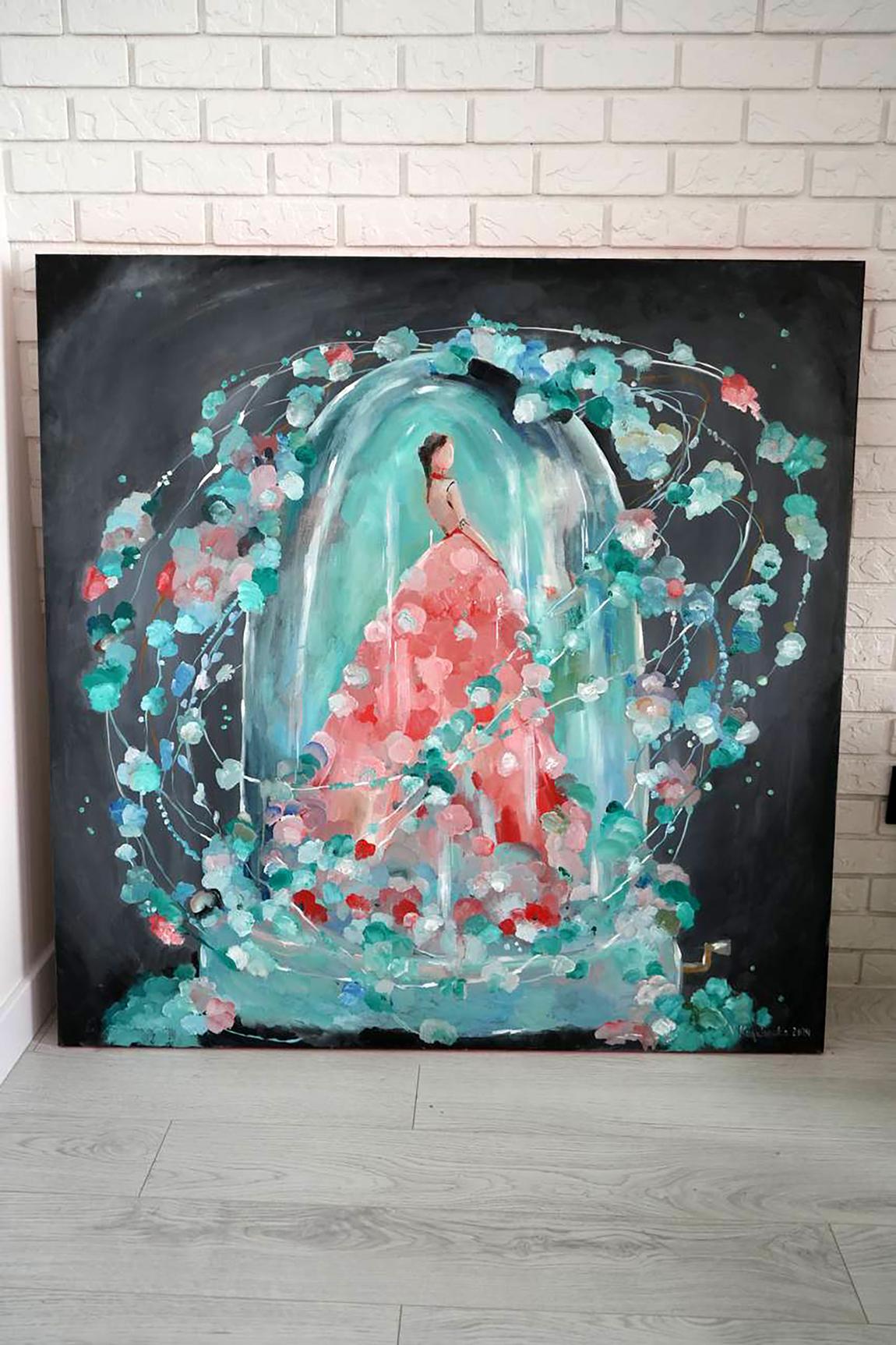 Oil painting Doll Victoria Kagalovska: figure in pink gown with teal red florals