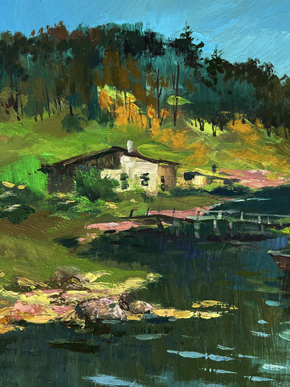Oil painting River to the village by Yuriy Suprunchuk rustic cottage in hills