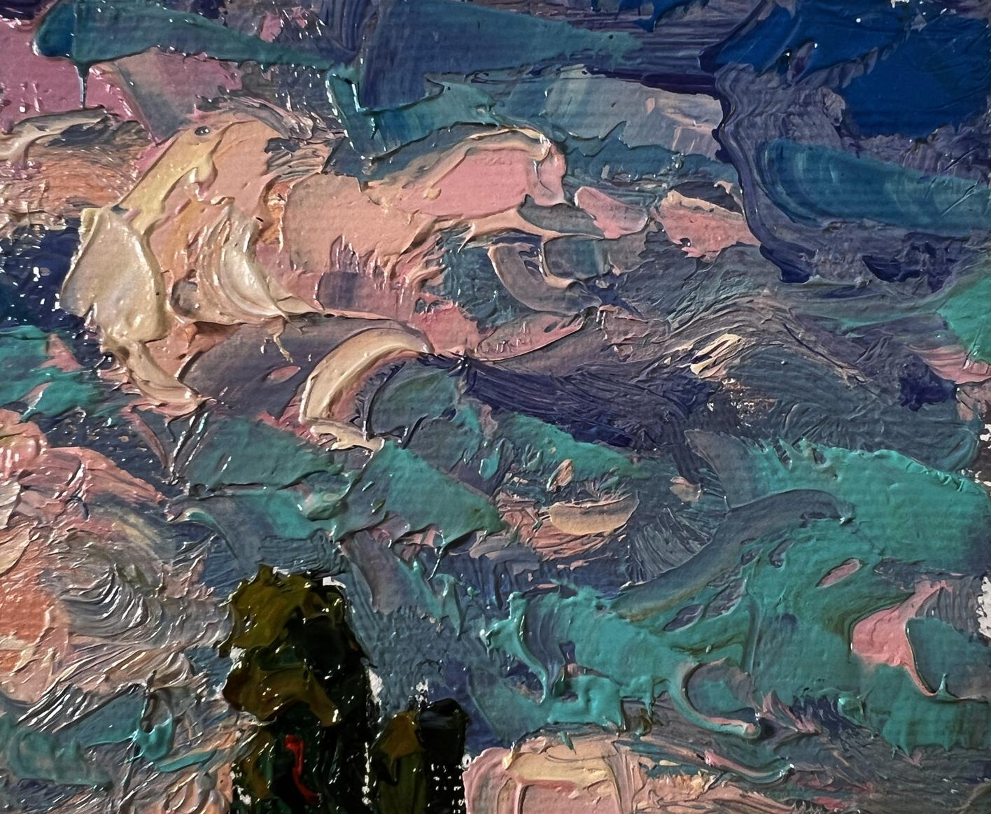 Oil painting Outside the village Oksana Ivanyuk teal pink impasto abstract