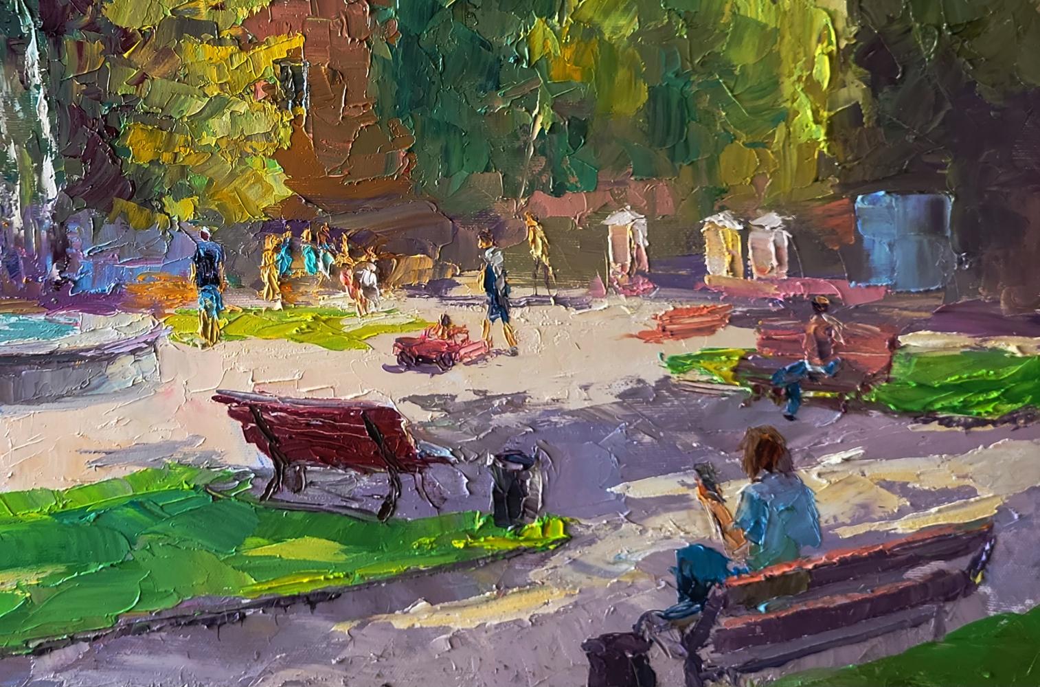 Oil painting of vibrant red park bench by Boris Serdyuk