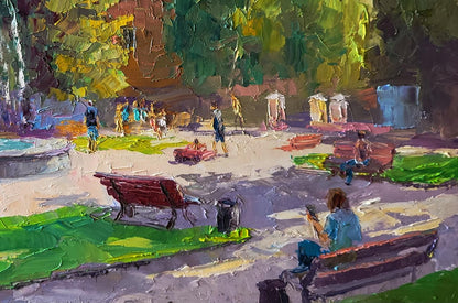 Oil painting of vibrant red park bench by Boris Serdyuk