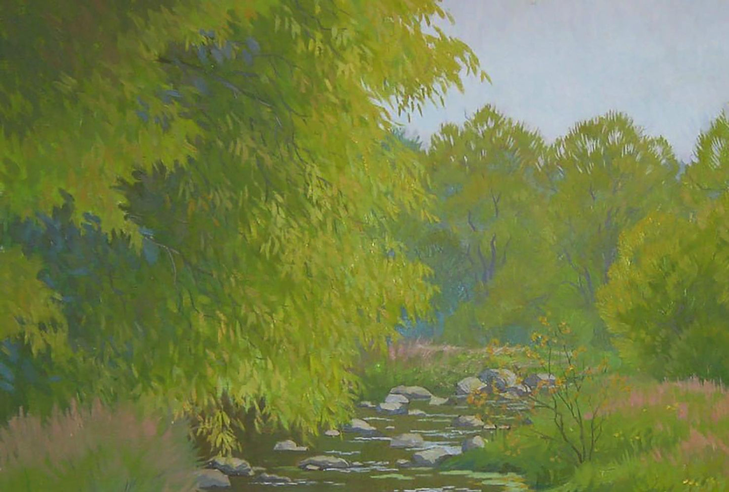 Serene oil painting of sunlit forest stream by Valery Savenets