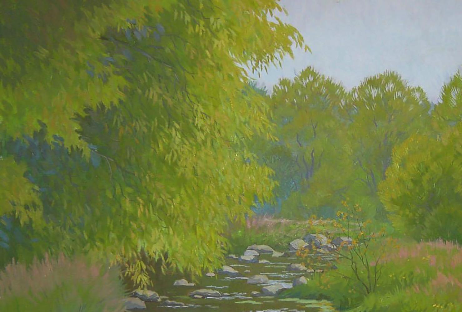 Serene oil painting of sunlit forest stream by Valery Savenets