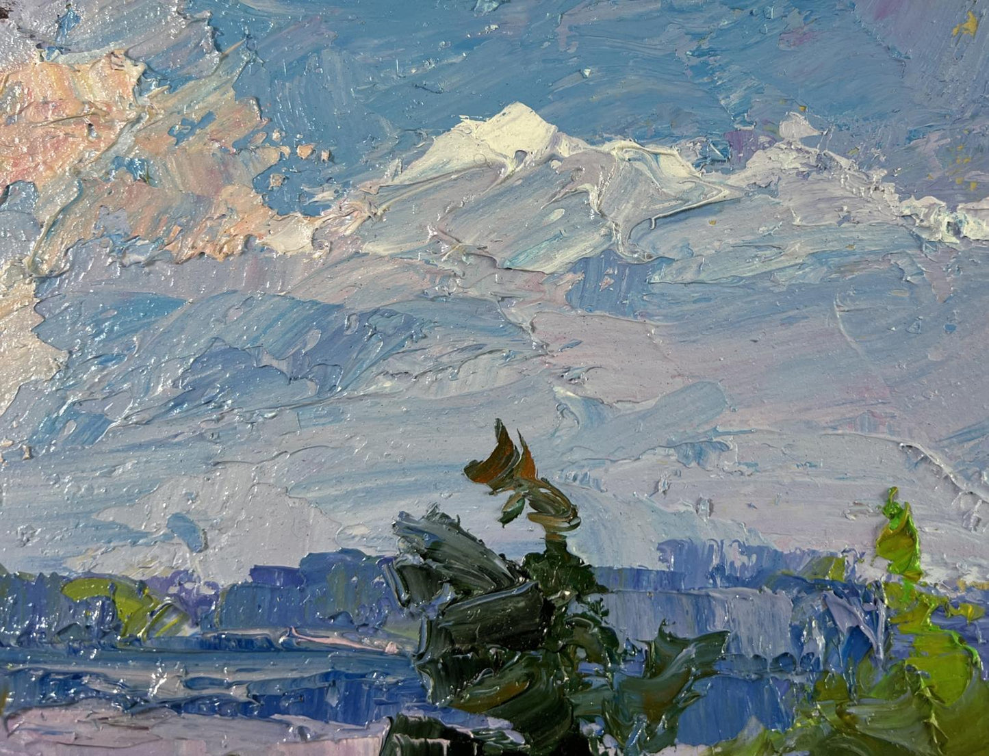Textured impressionist oil painting of mountain landscape by Boris Serdyuk
