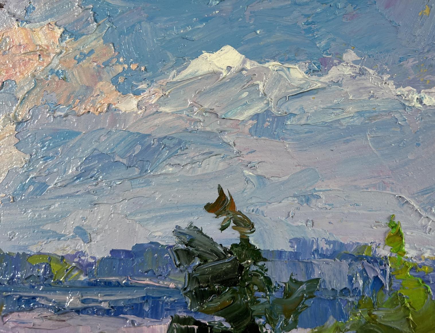 Textured impressionist oil painting of mountain landscape by Boris Serdyuk