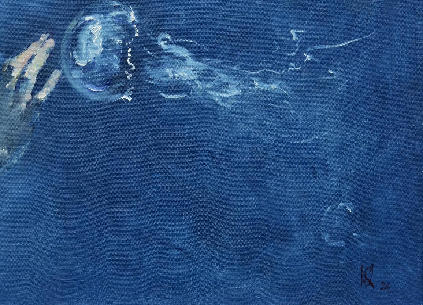 Oil painting of translucent blue jellyfish by Oleg Kateryniuk