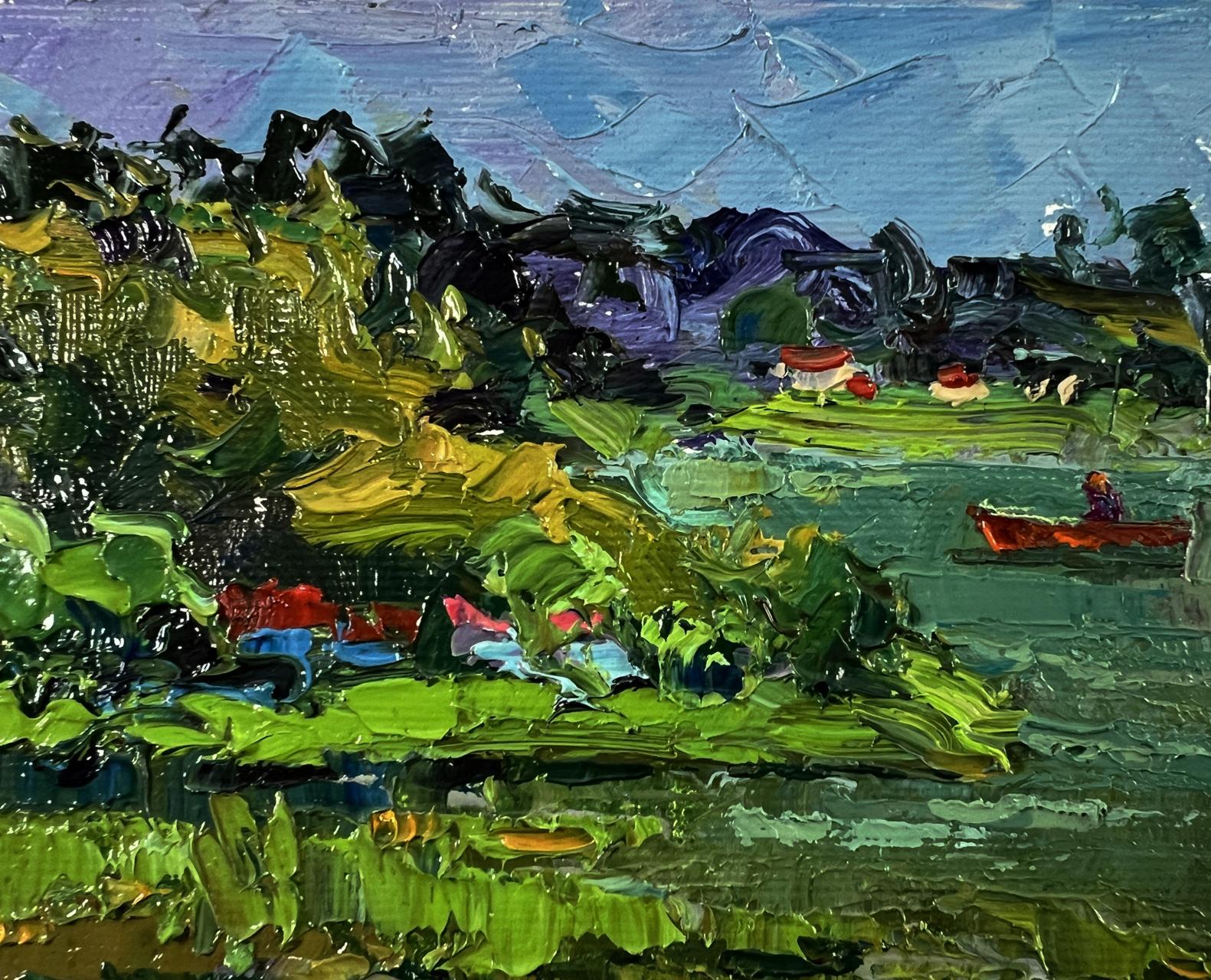 Oil painting Evening on the lake by Oksana Ivanyuk with red rowboat