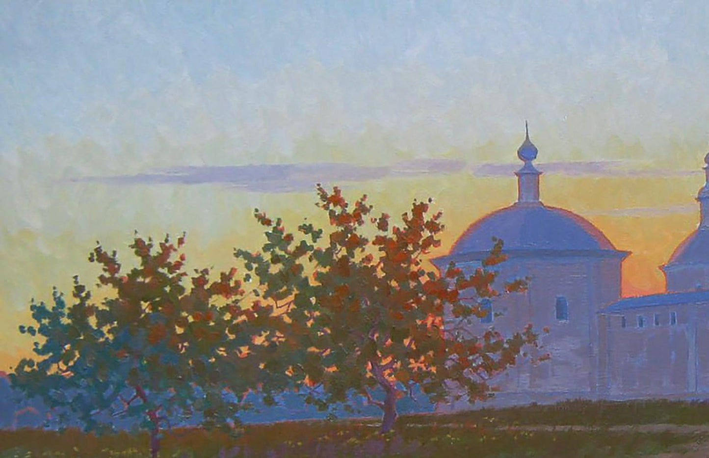 Oil painting The sun has set by Valery Savenets serene domed church sunset