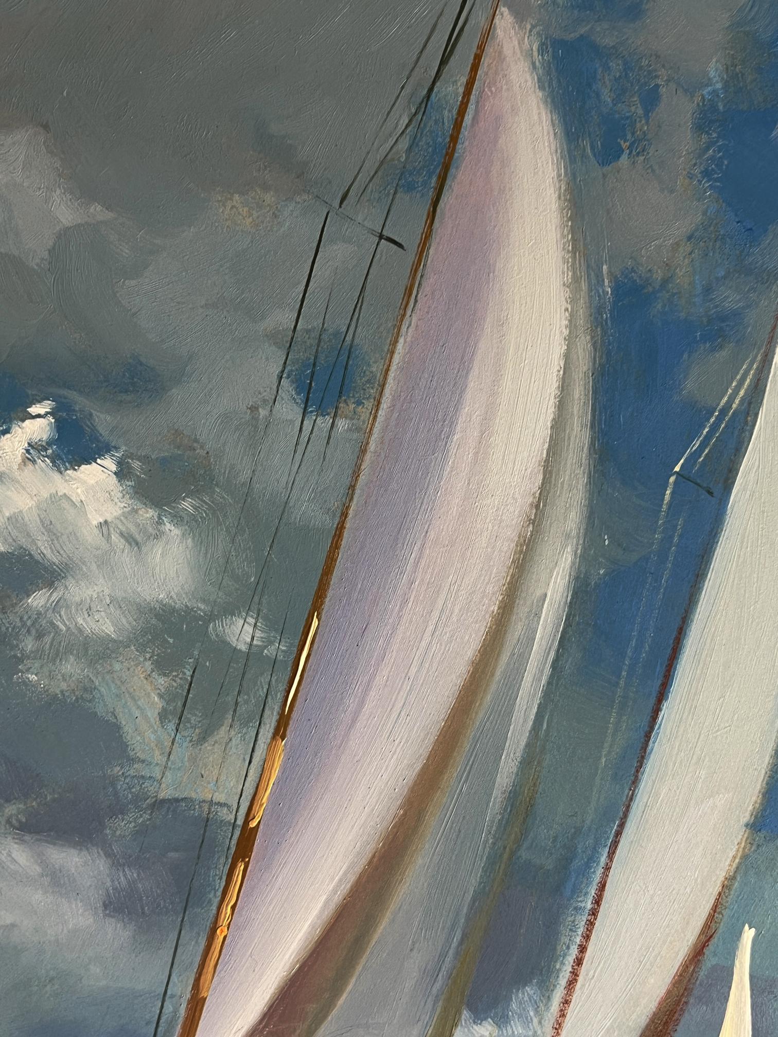 Oil painting of sailboat at sea with white sails and gold trim by Yuriy Suprunchuk