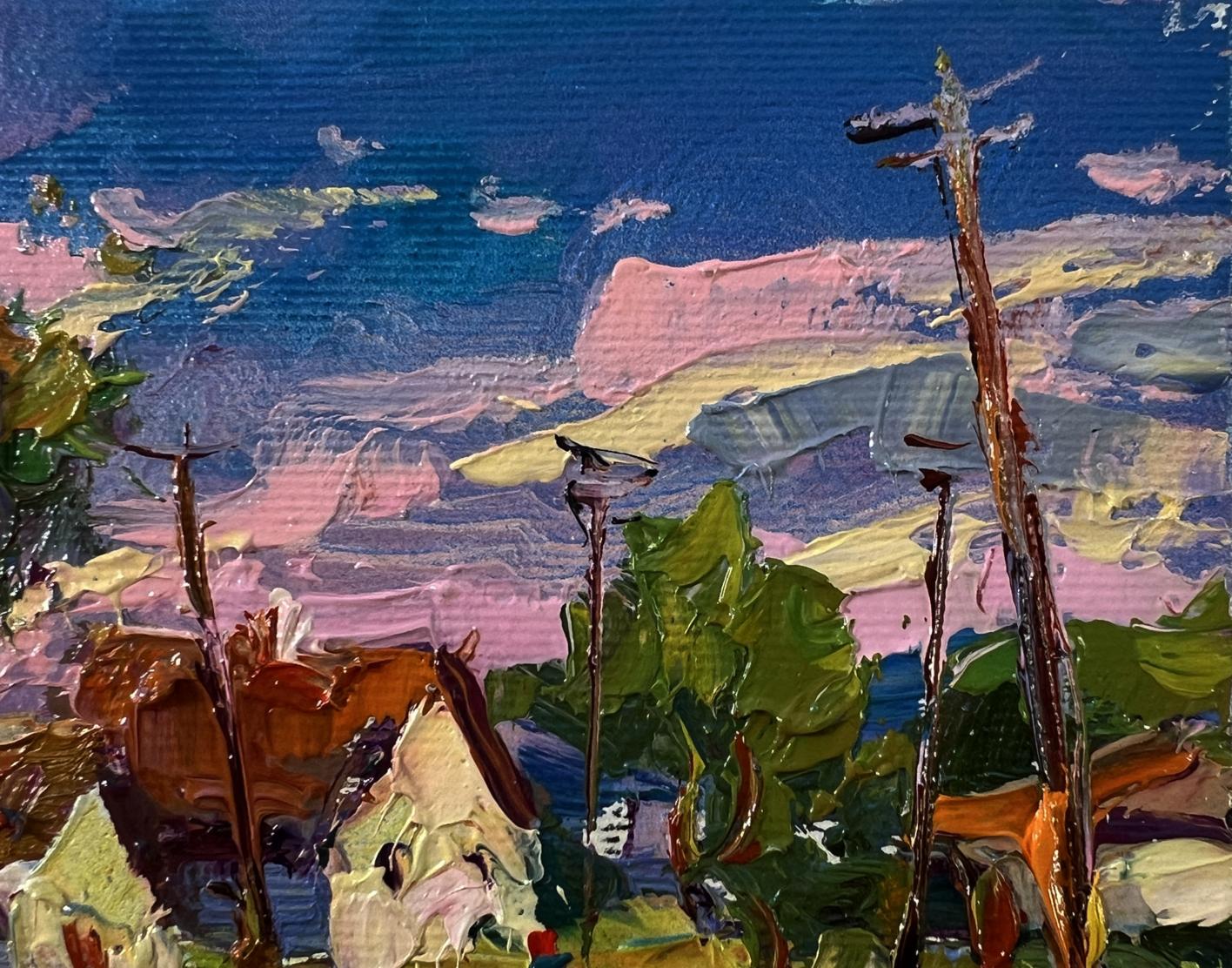 Oil painting Edge of the village by Oksana Ivanyuk with blue sky and green foliage