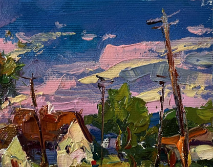 Oil painting Edge of the village by Oksana Ivanyuk with blue sky and green foliage