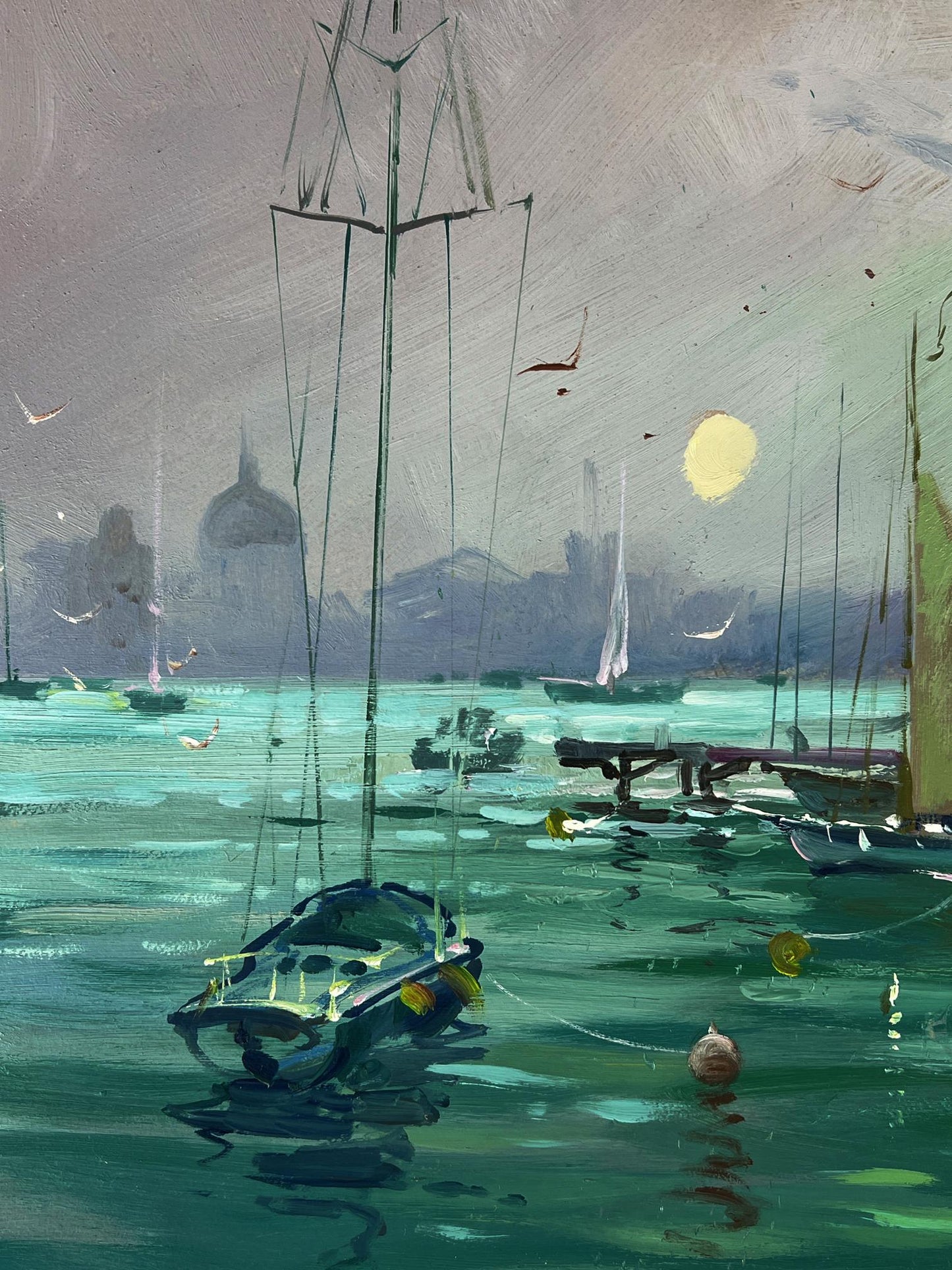Moody impressionistic oil painting of ships at the pier by Yuriy Suprunchuk