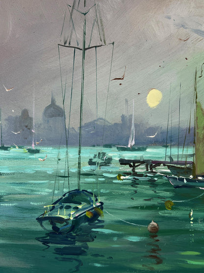 Moody impressionistic oil painting of ships at the pier by Yuriy Suprunchuk