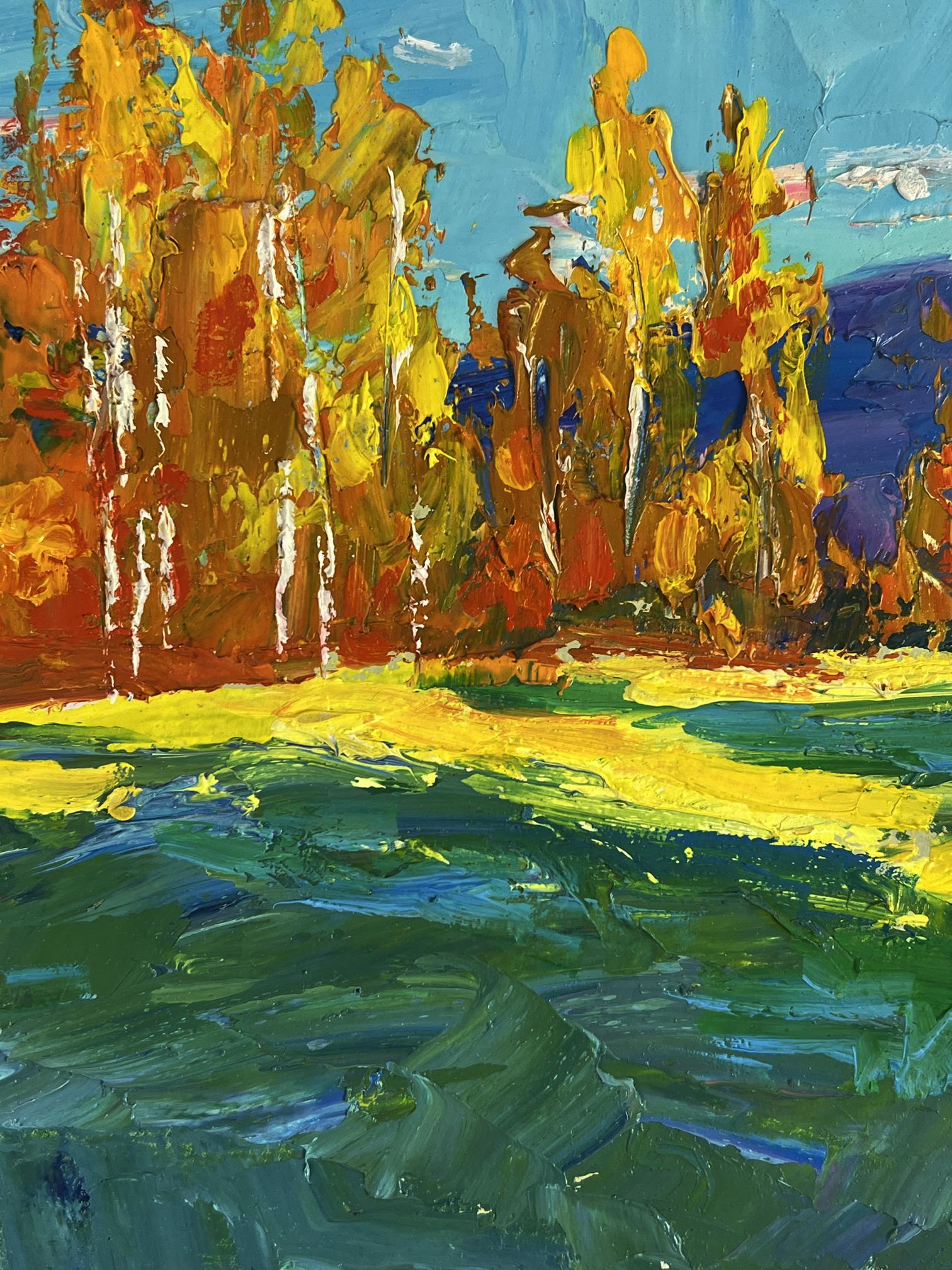 Golden birch forest oil painting by Boris Serdyuk, vibrant autumn reflection