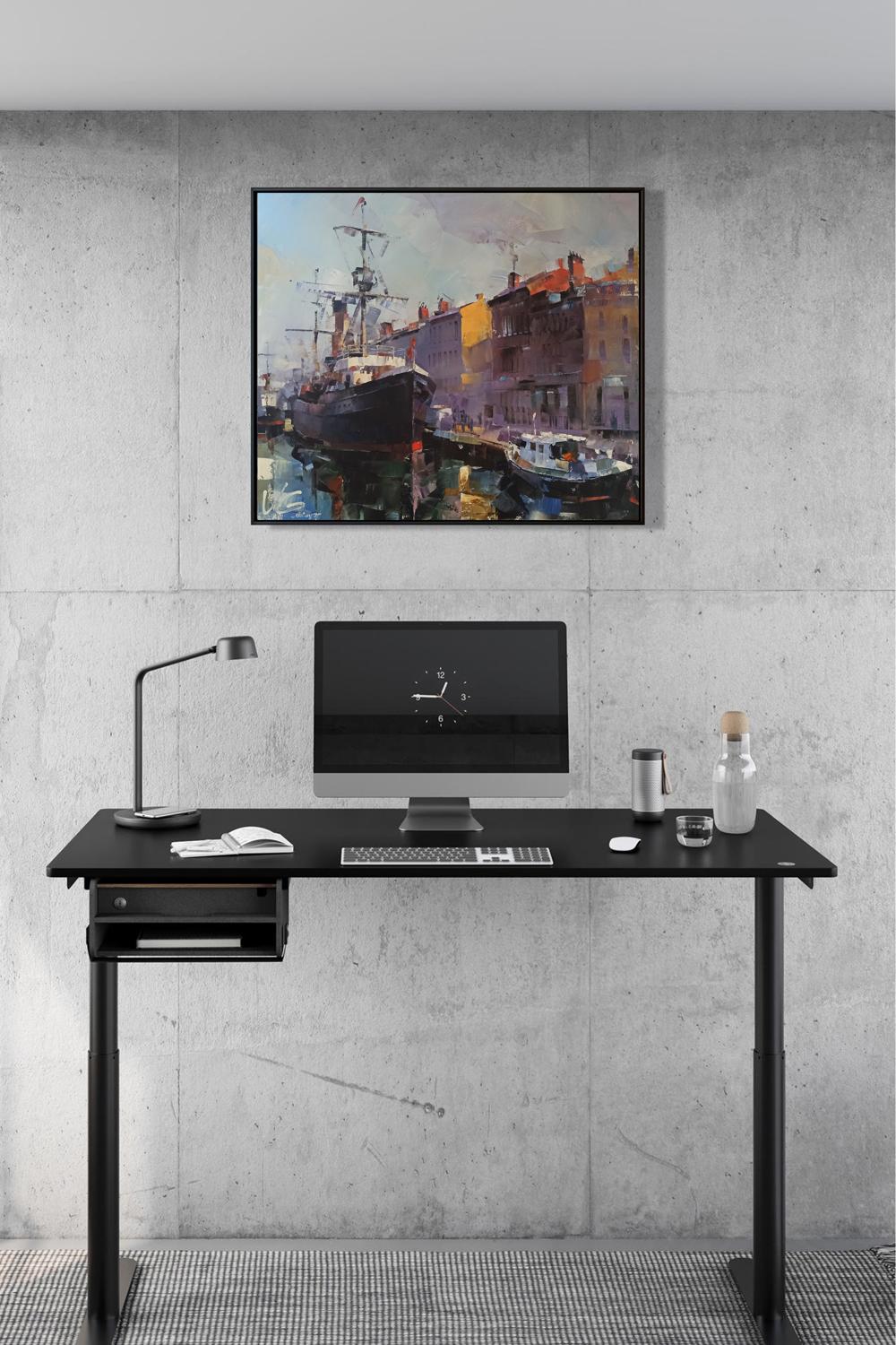 Black adjustable standing desk with drawer in Morning breath oil painting by Volodymyr Gluhomanyuk