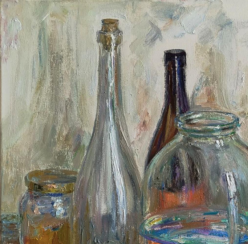 Tall slender clear glass bottle with cork stopper in Leonid Pavlenko oil painting