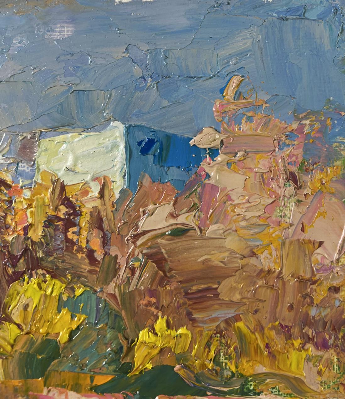 Impasto oil painting August summer day by Boris Serdyuk, blue sky and earthy landscape