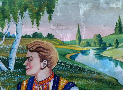 Oil painting of young man picking flowers by river, blonde hair, red gold vest