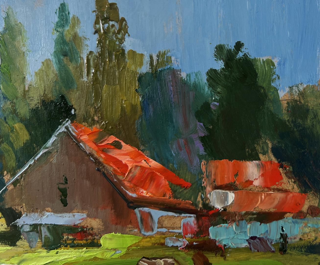 Oil painting of rustic brown house with red roof by Yuriy Suprunchuk