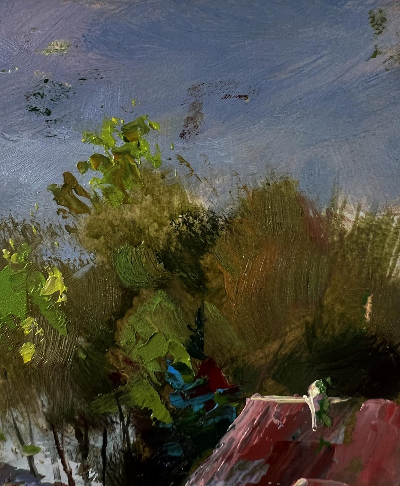 Oil painting Country geese by Yuriy Suprunchuk with green foliage and blue sky