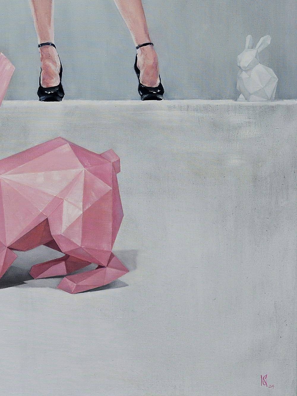 Pink geometric rabbit sculpture by Oleg Kateryniuk oil painting