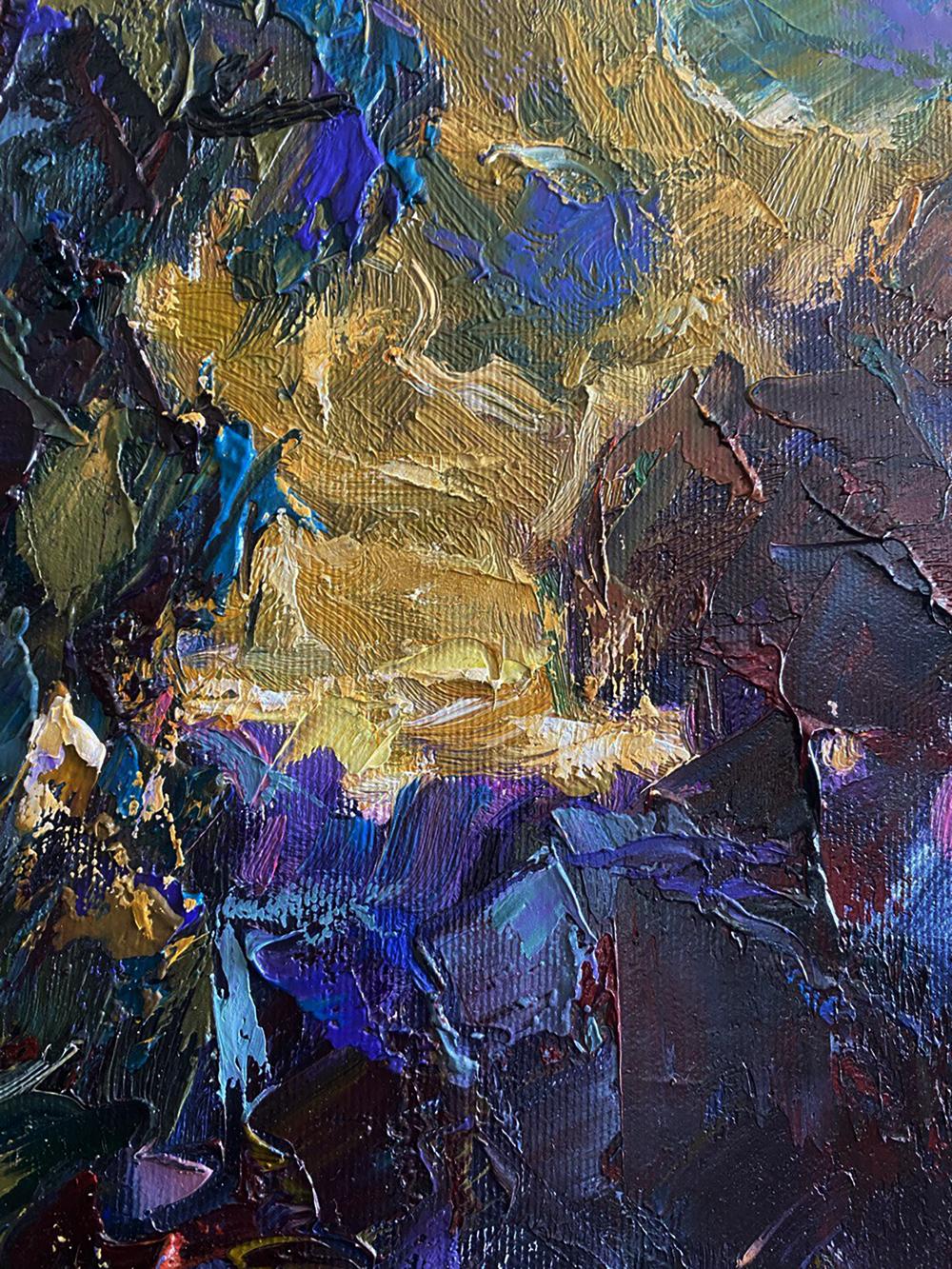 Oil painting Sunset over the forest by Oleksiy Ivanyuk with gold impasto