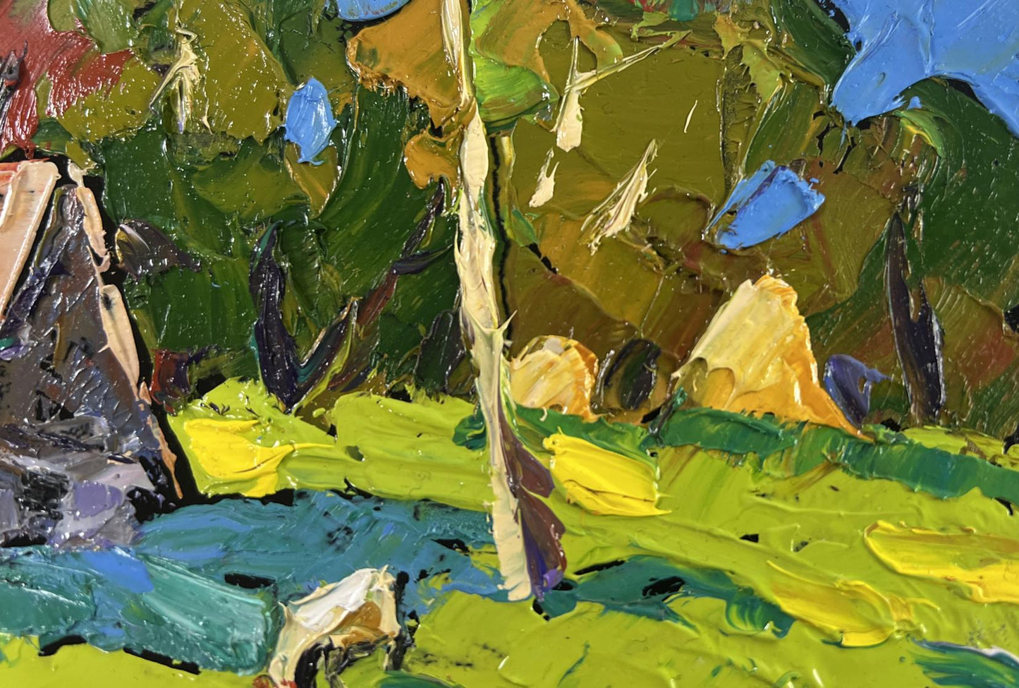 Vibrant impressionist oil painting of forest path to sunny hut by Oleksiy Ivanyuk