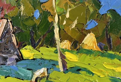 Vibrant impressionist oil painting of forest path to sunny hut by Oleksiy Ivanyuk