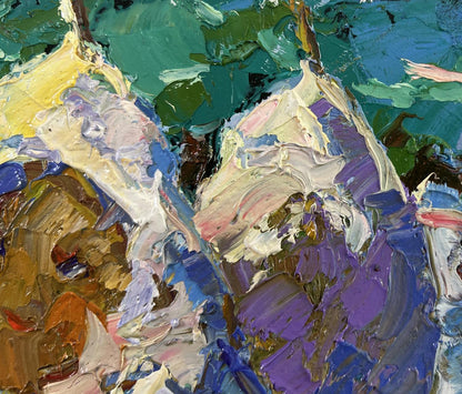 Vibrant oil painting Where time stopped by Oksana Ivanyuk in teal purple yellow white
