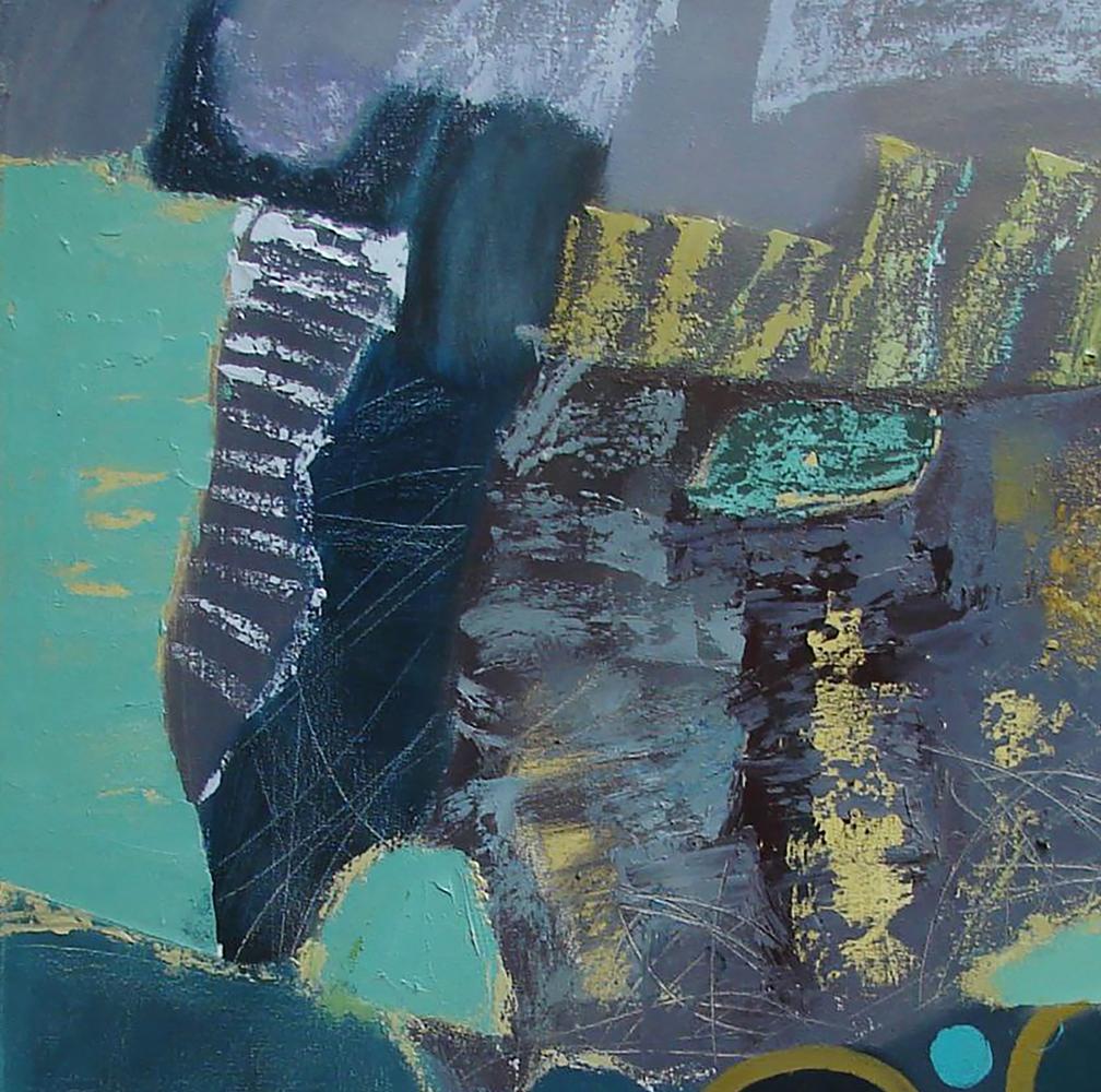 Oil painting Find your treasure in abstraction by Tatyana Shulyak, teal blue yellow on gray