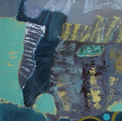 Oil painting Find your treasure in abstraction by Tatyana Shulyak, teal blue yellow on gray